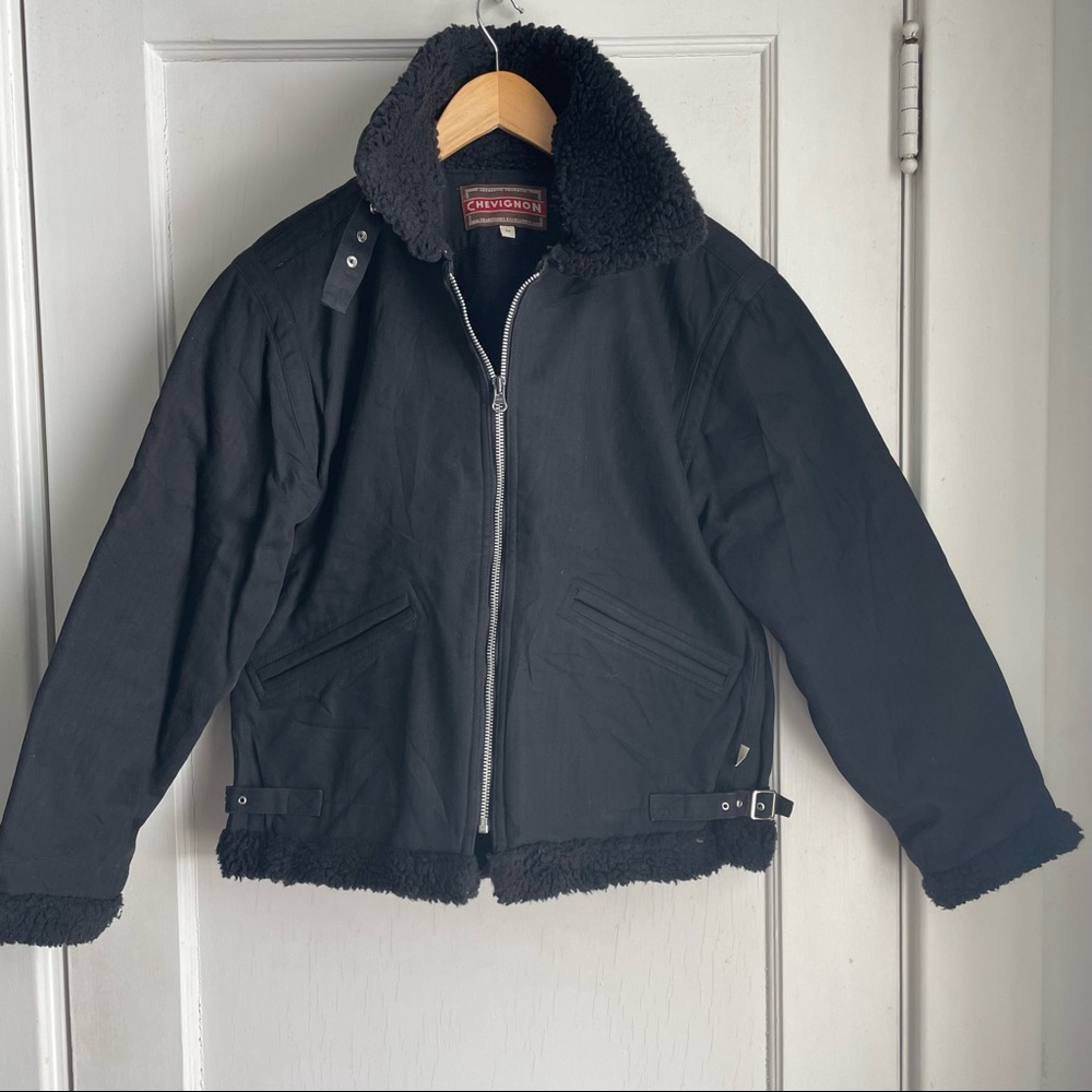 Chevignon Black Canvas Jacket with black Sherpa at collar, sleeves and waist M